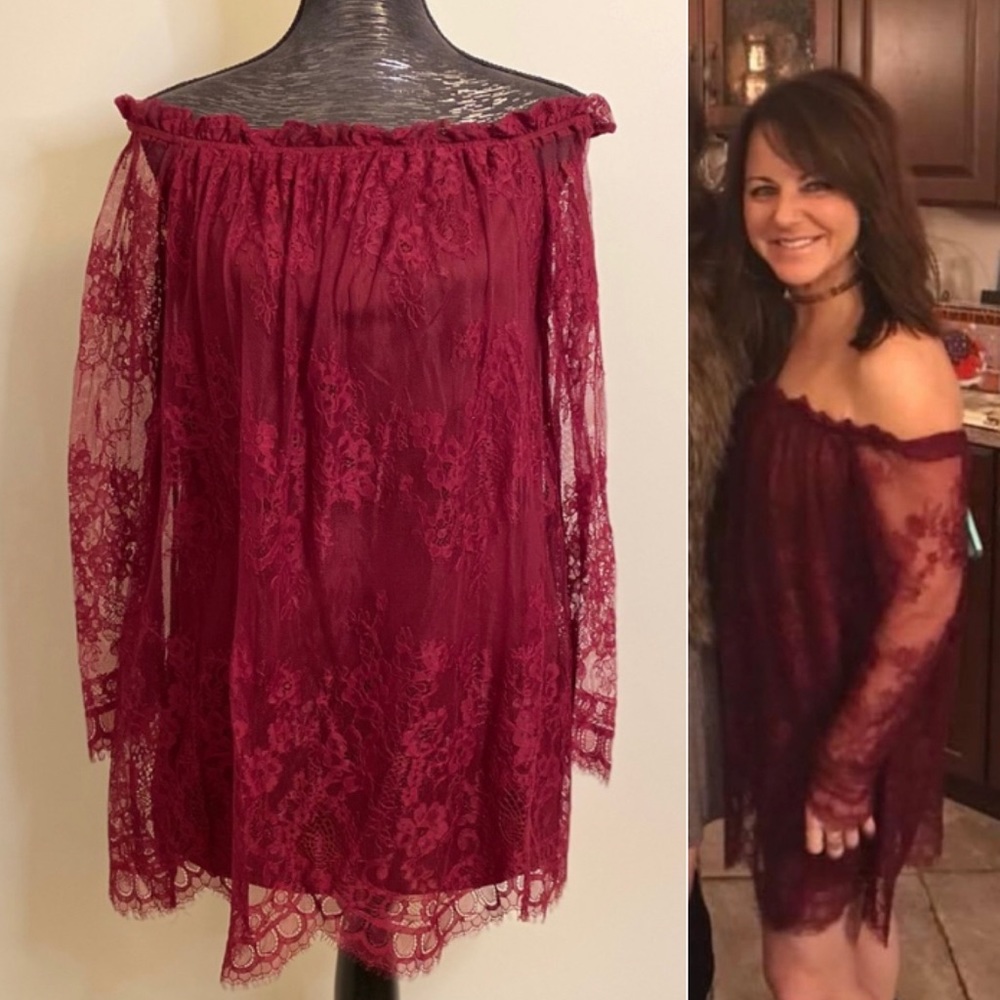 Burgundy Lace Dress Long Sleeve Off Shoulder SMALL